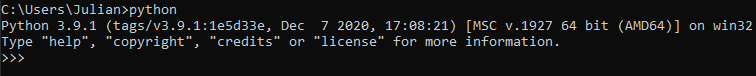 A screenshot of the Python command line on Windows